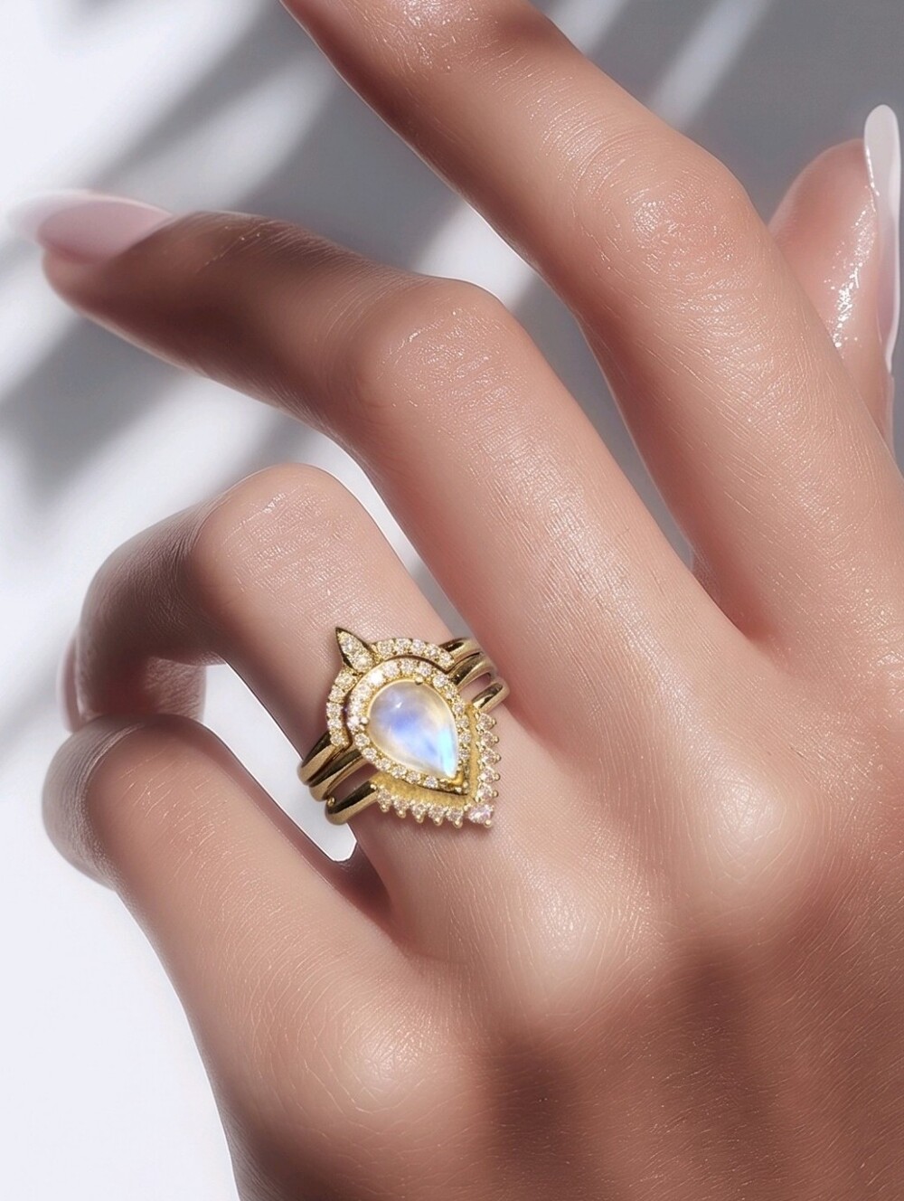 14K Yellow Gold Triple Moonstone Alexandrite CZ Ring Set Sz 9